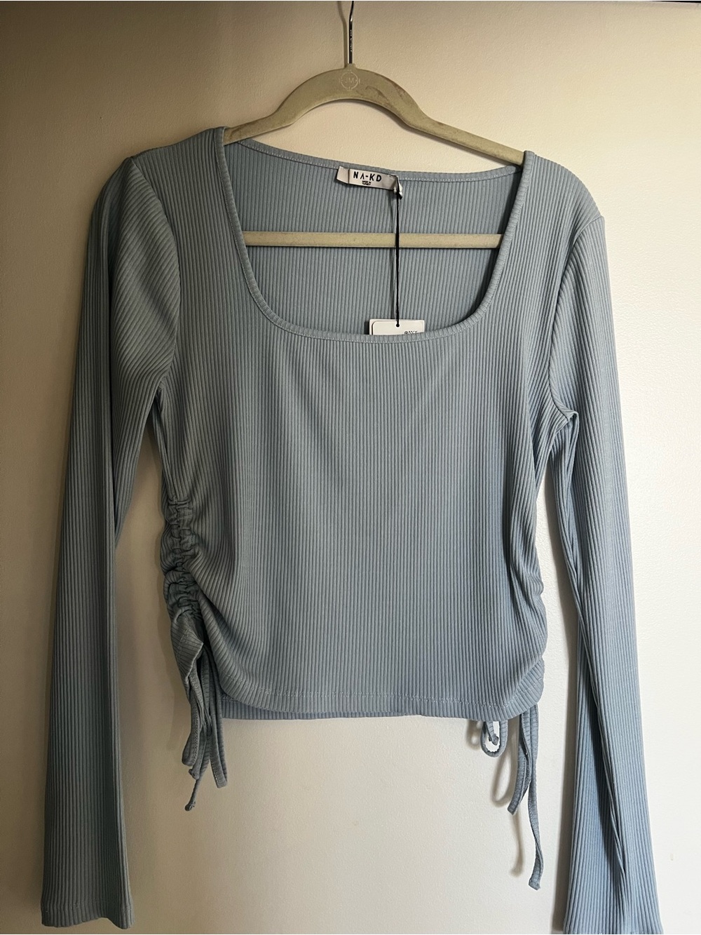 NAKD Ribbed Long Sleeve Side-Tie Top in Light Blue